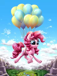 Size: 2970x3960 | Tagged: safe, artist:rysunkowasucharia, derpibooru import, pinkie pie, starlight glimmer, earth pony, pony, sheep, unicorn, balloon, bridge, cute, diapinkes, female, floating, high res, kite, kite flying, mare, outdoors, river, sitting, sky, smiling, solo focus, stream, summer, then watch her balloons lift her up to the sky