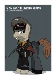 Size: 1024x1366 | Tagged: safe, artist:brony-works, derpibooru import, earth pony, pony, clothes, evil grin, grin, gun, hat, holster, male, mp-40, nazi, nazi germany, nazipone, schutzstaffel, smiling, solo, stallion, submachinegun, uniform, waffen-ss, weapon, world war ii