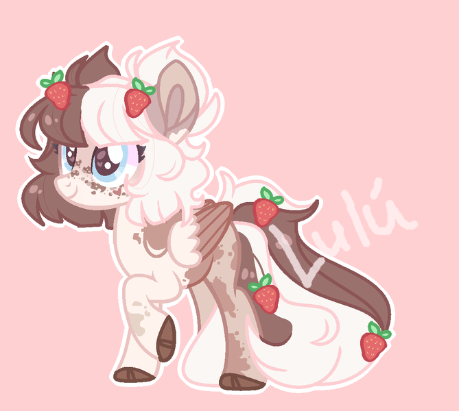 Size: 1105x991 | Tagged: safe, artist:fliyingrainbow, derpibooru import, oc, pegasus, pony, female, food, mare, pink background, simple background, solo, strawberry