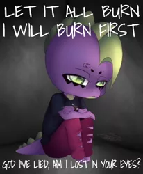 Size: 642x779 | Tagged: anthro, artist:rainbowhitter, crossed arms, depressed, derpibooru import, edgy, edit, editor:undeadponysoldier, emo, hollywood undead, lyrics, makeup, male, paradise lost, semi-grimdark, sitting, solo, song reference, spike, text, word art