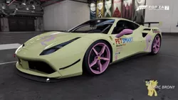 Size: 1280x720 | Tagged: safe, artist:forzaveteranenigma, derpibooru import, fluttershy, pony, fanfic:equestria motorsports, car, ferrari, ferrari 488 gtb, forza motorsport 7, garage, livery, photo, supercar, watermark