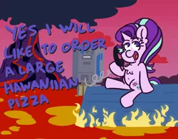 Size: 1400x1100 | Tagged: safe, artist:threetwotwo32232, derpibooru import, starlight glimmer, pony, unicorn, dialogue, female, fire, lava, mare, newbie artist training grounds, parody, phone, solo, that pony sure does love pineapple pizza, the simpsons, volcano