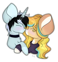 Size: 880x938 | Tagged: safe, artist:mintoria, derpibooru import, oc, oc:sundance, unofficial characters only, pony, unicorn, clothes, female, hoodie, kissing, male, mare, simple background, stallion, transparent background