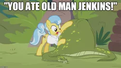 Size: 888x499 | Tagged: safe, derpibooru import, edit, edited screencap, screencap, antoine, doctor fauna, muriel, earth pony, pony, python, snake, she talks to angel, abdominal bulge, clothes, eaten alive, female, mare, my pretty seahorse, old man jenkins, predation, shirt, spongebob squarepants, text, vore