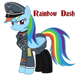 Size: 620x605 | Tagged: safe, artist:anonymous, derpibooru import, rainbow dash, pegasus, pony, /mlpol/, badge, blackletter, boot, clothes, female, frown, german, hat, iron cross, military, narrowed eyes, nazi, peaked cap, reich, serious, simple background, transparent background, uniform