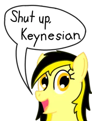 Size: 800x1050 | Tagged: safe, artist:anonymous, derpibooru import, oc, oc:leslie fair, earth pony, pony, /mlpol/, drawthread, economics, female, happy, looking, open mouth, reaction image, shut up, smiling, speech bubble, text