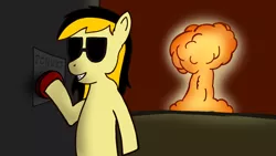 Size: 1200x675 | Tagged: safe, artist:anonymous, derpibooru import, oc, oc:leslie fair, pony, /mlpol/, atomic bomb, bipedal, drawthread, explosion, happy, mcnuke, mushroom cloud, nuclear weapon, radiation, sunglasses, switch, test, weapon