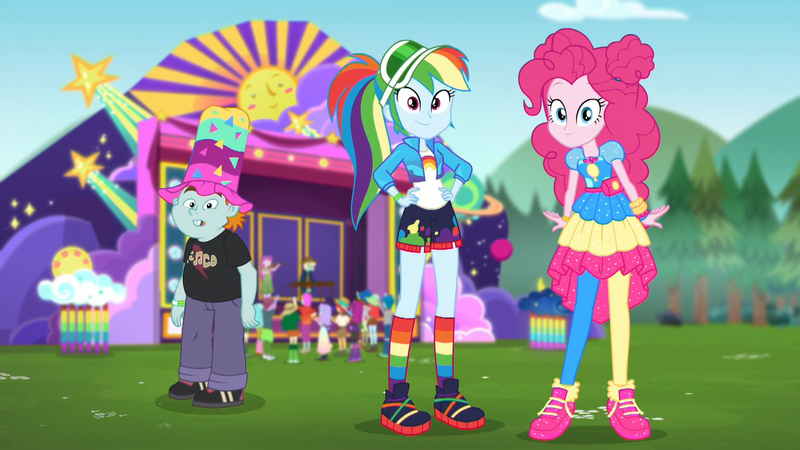 Size: 1366x768 | Tagged: safe, derpibooru import, screencap, duke suave, fry lilac, mystery mint, paisley, pinkie pie, rainbow dash, snips, snow flower, sweet leaf, thunderbass, accountibilibuddies, equestria girls, equestria girls series, spoiler:choose your own ending (season 2), spoiler:eqg series (season 2), background human, clothes, geode of sugar bombs, hat, looking at you, magical geodes, music festival outfit, shoes, sneakers