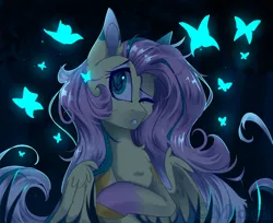 Size: 3000x2444 | Tagged: safe, artist:mediasmile666, derpibooru import, fluttershy, butterfly, pegasus, pony, bust, chest fluff, colored hooves, eye reflection, female, glow, gritted teeth, looking at something, looking sideways, looking up, mare, night, one eye closed, portrait, reflection, solo, stray strand, three quarter view, wings