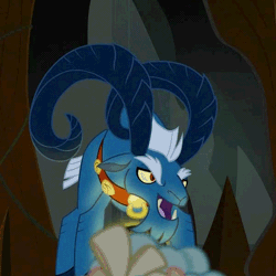Size: 600x600 | Tagged: safe, derpibooru import, screencap, cozy glow, grogar, pegasus, pony, sheep, the beginning of the end, animated, cloven hooves, cropped, crystal ball, duo, evil lair, evil laugh, female, filly, gif, grogar's lair, grogar's orb, lair, laughing, male, master grogar, ram, solo focus