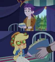 Size: 1920x2160 | Tagged: safe, derpibooru import, edit, edited screencap, screencap, applejack, dirk thistleweed, accountibilibuddies, equestria girls, equestria girls series, spoiler:choose your own ending (season 2), spoiler:eqg series (season 2), accountibilibuddies: rainbow dash, applejack's sunglasses, bed, blushing, clothes, cowboy hat, cute, hat, jackabetes, jacket, ointment, shipping fuel, shirt, smiling, stetson, tent