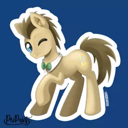 Size: 900x900 | Tagged: safe, artist:piripaints, derpibooru import, doctor whooves, time turner, earth pony, pony, blue background, clothes, cute, doctorbetes, ear fluff, looking at you, male, one eye closed, outline, simple background, solo, stallion, wink