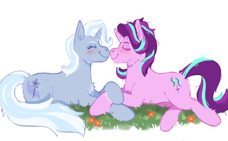 Size: 1000x619 | Tagged: safe, artist:kittycoot, derpibooru import, starlight glimmer, trixie, pony, unicorn, cheek fluff, chest fluff, eyes closed, female, fluffy, holding hooves, lesbian, mare, nuzzling, prone, shipping, simple background, smiling, startrix, transparent background