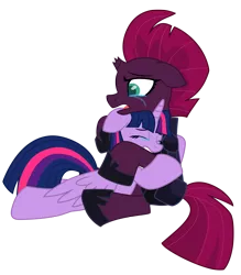 Size: 10258x11729 | Tagged: safe, artist:ejlightning007arts, derpibooru import, tempest shadow, twilight sparkle, twilight sparkle (alicorn), alicorn, pony, armor, broken horn, crying, horn, hug, sad, simple background, transparent background, vector, wings