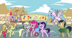Size: 800x425 | Tagged: safe, artist:flutterluv, derpibooru import, derpy hooves, junebug, pinkie pie, queen chrysalis, silverstream, starlight glimmer, oc, changeling, changeling queen, classical hippogriff, earth pony, hippogriff, pegasus, pony, unicorn, atg 2019, banner, clothes, costume, disguise, disguised changeling, female, food, food costume, male, mare, newbie artist training grounds, pickle, pickle costume, ponyville, sneezing, stallion