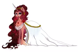 Size: 2290x1536 | Tagged: safe, artist:blumydia, derpibooru import, ponified, pony, unicorn, aphrodite, chest fluff, clothes, dress, female, mare, simple background, solo, white background