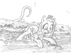 Size: 1000x744 | Tagged: safe, artist:yewdee, derpibooru import, fluttershy, crab, jellyfish, octopus, pegasus, pony, atg 2019, beach, female, happy, mare, monochrome, newbie artist training grounds, ocean, sketch, solo, tentacles, traditional art, water, wave, wet, wet mane