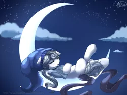 Size: 4743x3543 | Tagged: safe, artist:avery-valentine, derpibooru import, oc, unofficial characters only, pony, crescent moon, moon, night, sleeping, solo, stocking cap, tangible heavenly object, transparent moon