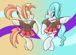 Size: 1761x1290 | Tagged: safe, artist:notadeliciouspotato, derpibooru import, lighthoof, shimmy shake, earth pony, pony, 2 4 6 greaaat, abstract background, bipedal, cheerleader, clothes, cute, duo, female, mare, pleated skirt, ponytail, skirt, skirt lift, smiling, sweater