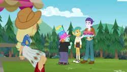 Size: 1280x720 | Tagged: safe, derpibooru import, screencap, applejack, dirk thistleweed, snails, snips, accountibilibuddies, equestria girls, equestria girls series, spoiler:choose your own ending (season 2), spoiler:eqg series (season 2), accountibilibuddies: snips, clothes, converse, female, legs, male, pants, shoes, shorts, sitting, sky, smiling