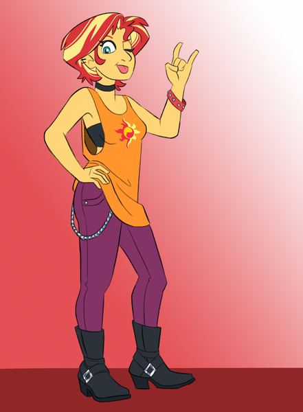 Size: 2100x2859 | Tagged: safe, artist:stratus35, derpibooru import, sunset shimmer, equestria girls, alternate hairstyle, armpits, belt, boots, bracelet, choker, clothes, cutie mark, cutie mark on clothes, devil horn (gesture), ear piercing, earring, female, gradient background, high heel boots, jeans, jewelry, one eye closed, pants, piercing, shoes, solo, spiked wristband, tanktop, tongue out, wink, wristband