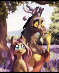 Size: 640x794 | Tagged: safe, artist:ameliacostanza, artist:paperwickart, derpibooru import, discord, fluttershy, butterfly, draconequus, pegasus, pony, amazed, bust, butterfly on nose, collaboration, cute, discoshy, discute, female, hooves together, insect on nose, looking at something, looking up, male, mare, open mouth, outdoors, shipping, shyabetes, smiling, sparkles, straight, tree