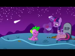 Size: 480x360 | Tagged: artist needed, safe, derpibooru import, spike, twilight sparkle, twilight sparkle (alicorn), alicorn, dragon, ghost, pony, undead, crying, emotional, female, flower, glowing horn, gravestone, horn, immortality blues, implied death, mare, poor spike, rest in peace, rose, sad, shooting star, soul, spikelove, spirit, this will end in tears, thumbnail