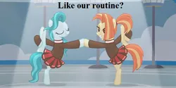 Size: 768x384 | Tagged: safe, derpibooru import, edit, edited screencap, screencap, lighthoof, shimmy shake, pony, 2 4 6 greaaat, bronybait, buckball field, cheerleader, cheerleader outfit, clothes, cropped, cute, lightorable, shakeabetes, speech, talking