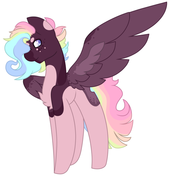 Size: 2789x2901 | Tagged: safe, artist:midnightamber, derpibooru import, oc, oc:jaxon, pegasus, pony, eye covered by hair, fullbody, multicolored hair, muticolored body, muticolored mane, rainbow hair, simple background, smiling, solo, spots, spread wings, standing, transparent background, wings