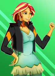 Size: 2070x2850 | Tagged: safe, alternate version, artist:rittaruzira, derpibooru import, sunset shimmer, equestria girls, clothes, female, fist, green background, jacket, pants, signature, simple background, smiling, solo