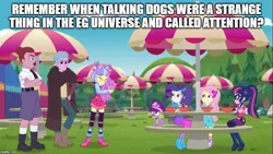 Size: 889x500 | Tagged: safe, derpibooru import, edit, edited screencap, screencap, fluttershy, mulberry barricade, princess thunder guts, rarity, sci-twi, spike, spike the regular dog, supernova zap, twilight sparkle, dog, equestria girls, equestria girls series, lost and pound, spoiler:choose your own ending (season 2), spoiler:eqg series (season 2), caption, cool scarf guy, cute, female, geode of telekinesis, happy, heart, hug, lost and pound: spike, magical geodes, meme, mud, muddy, security guard, su-z, text