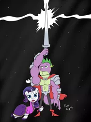 Size: 1668x2224 | Tagged: artist:pixelgrip94, atg 2019, beefspike, buff spike, derpibooru import, digital art, lance, newbie artist training grounds, princess costume, rarity, safe, spike, stars, star wars, sword, weapon