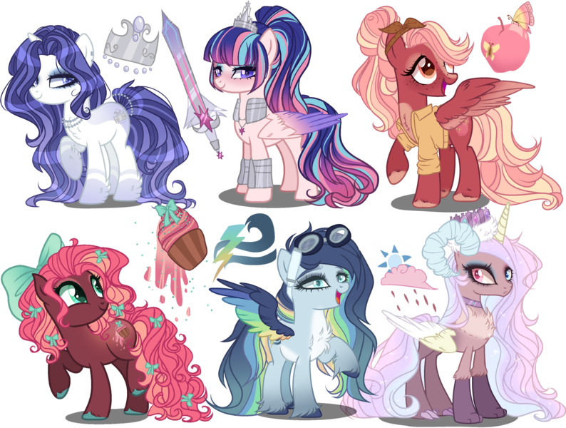 Size: 4500x3400 | Tagged: safe, artist:gihhbloonde, derpibooru import, oc, unofficial characters only, earth pony, hybrid, pegasus, pony, unicorn, armor, bow, chest fluff, clothes, colored hooves, colored wings, crown, cutie mark, female, freckles, goggles, gradient wings, hair bow, hair ribbon, interspecies offspring, jewelry, mare, multicolored wings, necklace, offspring, parent:big macintosh, parent:cheese sandwich, parent:discord, parent:fancypants, parent:flash sentry, parent:fluttershy, parent:pinkie pie, parent:princess celestia, parent:rainbow dash, parent:rarity, parent:soarin', parent:twilight sparkle, parents:cheesepie, parents:dislestia, parents:flashlight, parents:fluttermac, parents:raripants, parents:soarindash, regalia, ribbon, shirt, simple background, sword, transparent background, unshorn fetlocks, weapon, wings