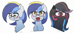 Size: 2361x1096 | Tagged: safe, artist:puetsua, derpibooru import, oc, oc:eclipse lim, oc:neon darksky, unofficial characters only, bat pony, pony, bat pony oc, bat wings, blood, blushing, bust, chest fluff, duo, expressions, fangs, female, glasses, happy, mare, nosebleed, open mouth, portrait, simple background, slit eyes, smiling, white background, wings