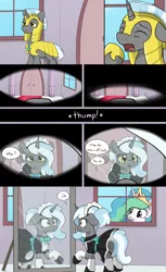 Size: 3000x4900 | Tagged: safe, artist:skitter, derpibooru import, princess celestia, alicorn, pony, unicorn, comic:demoted, :o, armor, bow, bowtie, butt, clothes, comic, confused, crown, dress, eyes closed, female, female pov, floppy ears, frown, gotcha, grin, jewelry, lidded eyes, looking at self, maid, male, male to female, mare, mirror, offscreen character, open mouth, peeking, plot, pov, raised hoof, regalia, royal guard, rule 63, shocked, sleeping, smiling, speech bubble, squee, stallion, transformation, transgender transformation, trollestia, waking up, wavy mouth, wide eyes, worried, yawn