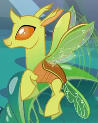 Size: 380x477 | Tagged: background changeling, changedling, changeling, clypeus, cropped, derpibooru import, flying, raised hoof, safe, screencap, smiling, solo, to where and back again