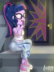 Size: 1800x2400 | Tagged: safe, artist:artmlpk, derpibooru import, sci-twi, twilight sparkle, equestria girls, bandage, blushing, clothes, converse, cute, food, house, licking, melting, pants, plaid, ponytail, popsicle, shirt, shoes, sneakers, solo, striped shirt, tongue out, twiabetes