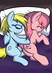 Size: 2000x2800 | Tagged: safe, artist:jhussethy, derpibooru import, oc, oc:cloud cuddler, oc:sweet haze, unofficial characters only, pony, bed, intersex, male, pillow, sleeping, snuggling