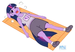 Size: 1000x697 | Tagged: 42, anthro, artist:phallen1, atg 2019, clothes, derpibooru import, exhausted, newbie artist training grounds, panting, running shoes, safe, shorts, simple background, solo, sweat, tanktop, towel, transparent background, twilight sparkle