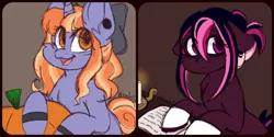 Size: 1200x600 | Tagged: safe, artist:nicolethebluecat, derpibooru import, oc, oc:ana gabrielle, oc:kiara, earth pony, pony, unicorn, book, bow, bun, candle, pumpkin