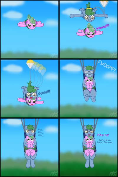 Size: 2000x3000 | Tagged: safe, artist:phallen1, derpibooru import, oc, oc:nimbus (phallen1), oc:software patch, unofficial characters only, pony, atg 2019, catching, comic, falling, newbie artist training grounds, parachute, rescue, skydiving