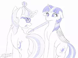 Size: 1024x768 | Tagged: safe, artist:novaintellus, derpibooru import, moondancer, twilight sparkle, twilight sparkle (alicorn), alicorn, pony, amending fences, angry, atg 2019, ballpoint pen, duo, floppy ears, glowing horn, horn, magic, monochrome, newbie artist training grounds, scene interpretation, signature, sketch, stick, telekinesis, traditional art