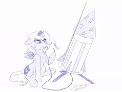 Size: 1024x768 | Tagged: safe, artist:novaintellus, derpibooru import, princess luna, pony, atg 2019, female, filly, fireworks, fuse, glowing horn, horn, magic, match, monochrome, newbie artist training grounds, rocket, signature, sketch, solo, telekinesis, this will end in explosions, this will not end well, tongue out, woona, younger