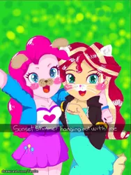 Size: 1536x2048 | Tagged: safe, artist:uotapo, derpibooru import, pinkie pie, sunset shimmer, equestria girls, blush sticker, blushing, caption, cat ears, cute, dog ears, duo, muzzle, selfie, snapchat, snapchat filter