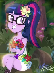 Size: 1800x2400 | Tagged: safe, artist:artmlpk, derpibooru import, sci-twi, twilight sparkle, equestria girls, blushing, crossed arms, cute, female, flower, flower in hair, plant, plants, ponytail, rose, smiley face, solo, tree, twiabetes