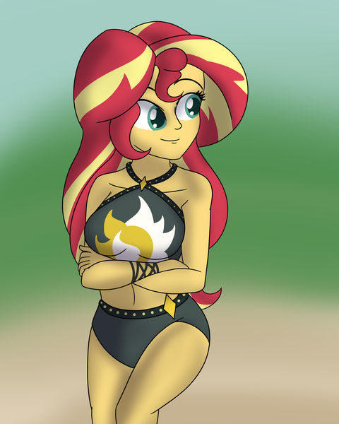 Size: 2400x3000 | Tagged: safe, artist:diaperednight, derpibooru import, sunset shimmer, equestria girls, equestria girls series, belly button, bikini, clothes, crossed arms, female, high res, smiling, solo, summer sunset, swimsuit