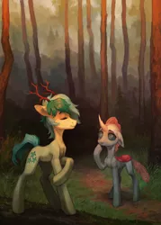 Size: 1600x2234 | Tagged: safe, artist:koviry, derpibooru import, ocellus, sandbar, changedling, changeling, earth pony, pony, branches for antlers, duo, female, forest, male, ocelbar, shipping, straight, teenager