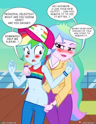 Size: 1500x1942 | Tagged: suggestive, artist:dieart77, derpibooru import, princess celestia, rainbow dash, equestria girls, assisted exposure, bad touch, belly button, blushing, clothes, drunk, drunklestia, exhibitionism, female, imminent rape, imminent sex, lesbian, molestation, pants, pants down, personal space invasion, principal celestia, principal molestia, public nudity, sexual harassment, this will end in jail time, undressing
