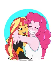 Size: 2600x3000 | Tagged: safe, artist:albertbm, derpibooru import, pinkie pie, sunset shimmer, equestria girls, armpits, asymmetrical docking, big breasts, blushing, boob squish, breasts, busty pinkie pie, busty sunset shimmer, cleavage, clothes, cute, eyes closed, female, grin, high res, hug, smiling, symmetrical docking