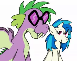 Size: 1024x816 | Tagged: artist needed, source needed, safe, derpibooru import, spike, vinyl scratch, dragon, pony, unicorn, accessory swap, cute, dj glasses, female, glasses, male, mare, older, older spike, shipping, smiling, straight, swag, vinylspike, winged spike